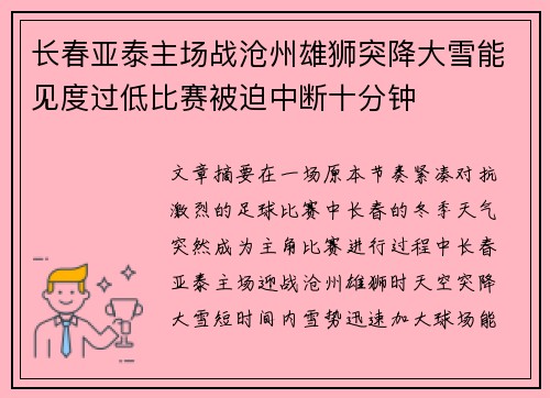 长春亚泰主场战沧州雄狮突降大雪能见度过低比赛被迫中断十分钟