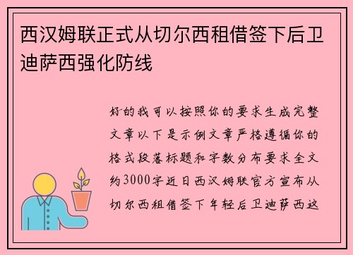 西汉姆联正式从切尔西租借签下后卫迪萨西强化防线